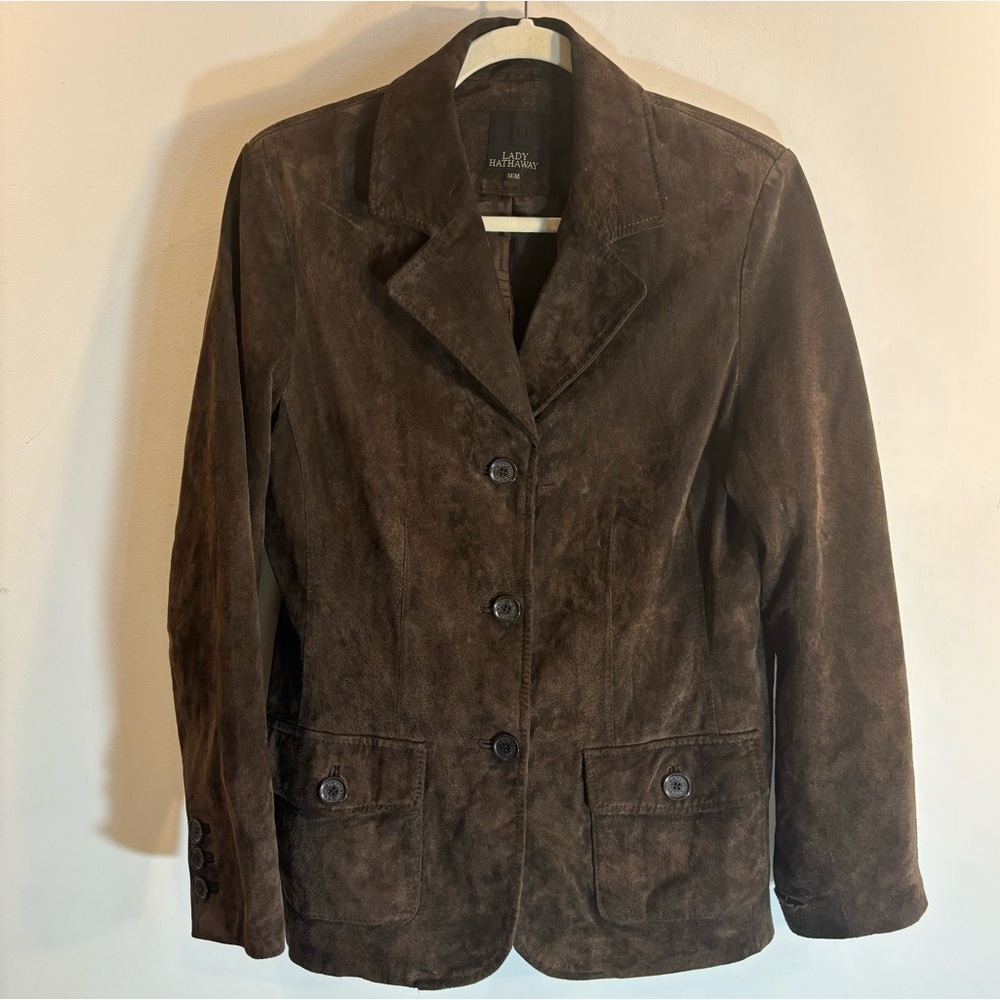 LADY HATHAWAY Sz L Blazer Jacket Suede Pockets Lined Pockets Flaw on Sleeve